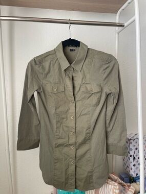 THEORY Button-Front Olive Green Button Up Shirt Size S